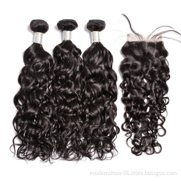 Brazilian Raw Virgin Cuticles Aligned Water Wave Human Hair Bundles with Closure 100% Unprocessed High Quality Human Hair